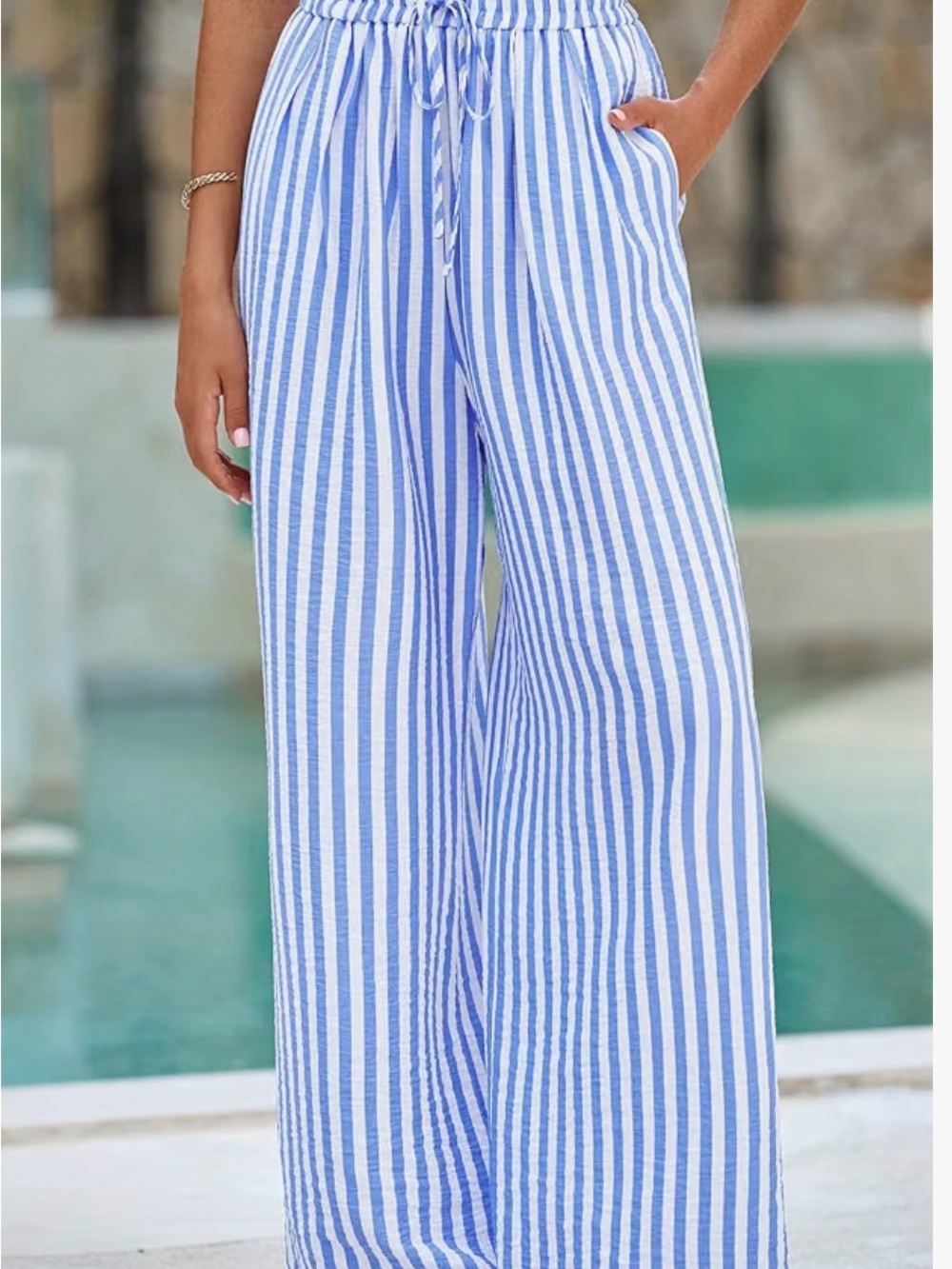 Striped Blue & White Wide-Leg Drawstring Pants